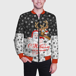 Бомбер мужской С Новым Годом дед мороз и олень, цвет: 3D-красный — фото 2