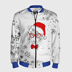 Бомбер мужской Новогодний тигр летящие снежинки, цвет: 3D-синий