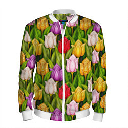 Бомбер мужской Объемные разноцветные тюльпаны, цвет: 3D-белый
