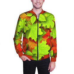 Бомбер мужской Зелёные осенние листья, цвет: 3D-красный — фото 2