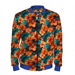 Бомбер мужской Оранжевые цветы гавайские, цвет: 3D-синий