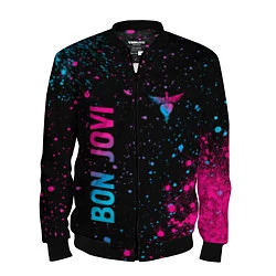 Бомбер мужской Bon Jovi - neon gradient: надпись, символ, цвет: 3D-черный