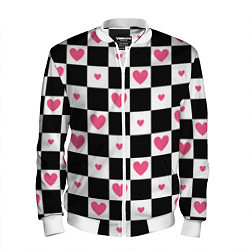 Бомбер мужской Розовые сердечки на фоне шахматной черно-белой дос, цвет: 3D-белый