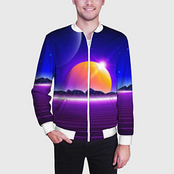 Бомбер мужской Mountains - sun - space - vaporwave, цвет: 3D-белый — фото 2