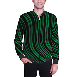 Бомбер мужской Абстракция зелёные линии на чёрном, цвет: 3D-черный — фото 2