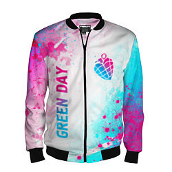 Бомбер мужской Green Day neon gradient style вертикально, цвет: 3D-черный