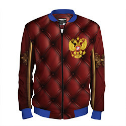 Бомбер мужской Золотой герб России на красном кожаном фоне, цвет: 3D-синий