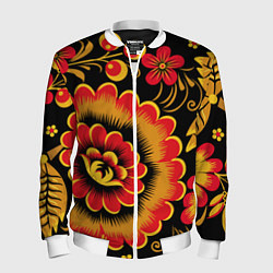 Бомбер мужской Хохломская роспись красно-жёлтые цветы на чёрном ф, цвет: 3D-белый