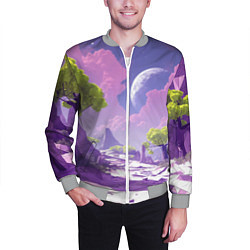 Бомбер мужской Фиолетовые горы зеленые деревья и космос, цвет: 3D-меланж — фото 2