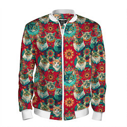 Бомбер мужской Мандала с кошачьим орнаментом, цвет: 3D-белый