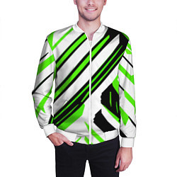 Бомбер мужской Чёрно-зелёные полосы на белом фоне, цвет: 3D-белый — фото 2