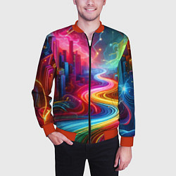 Бомбер мужской Неоновый город - нейроарт, цвет: 3D-красный — фото 2