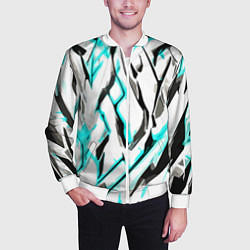 Бомбер мужской Чёрно-голубые агрессивные полосы на белом фоне, цвет: 3D-белый — фото 2