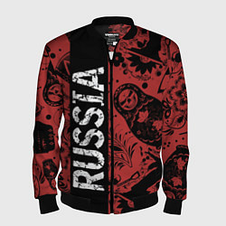 Бомбер мужской Россия на фоне матрёшек балалайки и славянских узо, цвет: 3D-черный