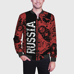 Бомбер мужской Россия на фоне матрёшек балалайки и славянских узо, цвет: 3D-черный — фото 2