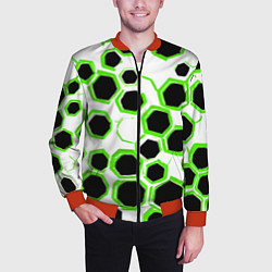 Бомбер мужской Чёрно-зелёные шестиугольники на белом фоне, цвет: 3D-красный — фото 2
