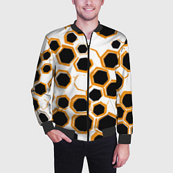 Бомбер мужской Чёрно-жёлтые шестиугольники на белом фоне, цвет: 3D-черный — фото 2