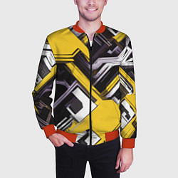 Бомбер мужской Бело-жёлтый техно паттерн на чёрном фоне, цвет: 3D-красный — фото 2