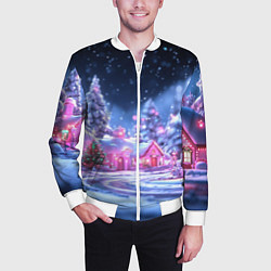 Бомбер мужской Неоновые новогодние домики, цвет: 3D-белый — фото 2