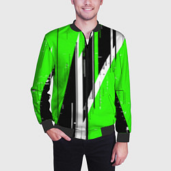 Бомбер мужской Чёрно-белые вертикальные полосы на зелёном фоне, цвет: 3D-черный — фото 2