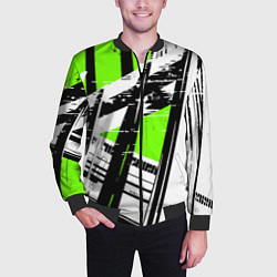 Бомбер мужской Чёрно-белые абстрактные линии на зелёном фоне, цвет: 3D-черный — фото 2