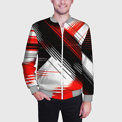 Бомбер мужской Диагональные красно-чёрные линии на белом фоне, цвет: 3D-меланж — фото 2