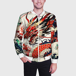 Бомбер мужской Красный дракон в японском стиле ирезуми, цвет: 3D-белый — фото 2