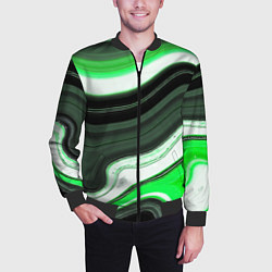 Бомбер мужской Волнистые горизонтальные чёрно-зелёные полосы на б, цвет: 3D-черный — фото 2