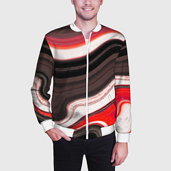 Бомбер мужской Волнистые горизонтальные чёрно-красные полосы на б, цвет: 3D-белый — фото 2