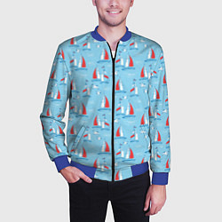 Бомбер мужской Морской паттерн с парусными лодками и чайками, цвет: 3D-синий — фото 2