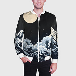 Бомбер мужской Японские волны и луна, цвет: 3D-белый — фото 2