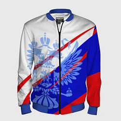 Бомбер мужской Герб на фоне цветов флага бело-сине-красный, цвет: 3D-синий