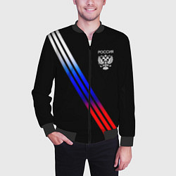 Бомбер мужской Герб и полосы с цветами флага России на чёрном, цвет: 3D-черный — фото 2