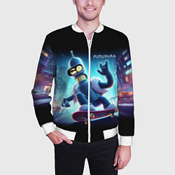 Бомбер мужской Bender is a skateboarder in neon street - ai art, цвет: 3D-белый — фото 2