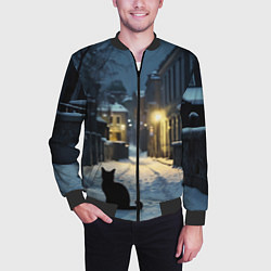 Бомбер мужской Чёрный кот на пустой зимней улице, AI, цвет: 3D-черный — фото 2