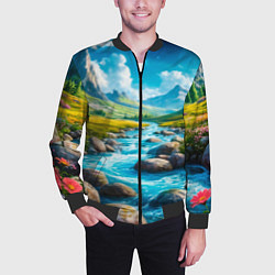Бомбер мужской Пейзаж художественный горы речка камни, цвет: 3D-черный — фото 2