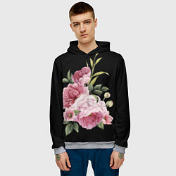 Толстовка-худи мужская Пионы на чёрном, цвет: 3D-меланж — фото 2