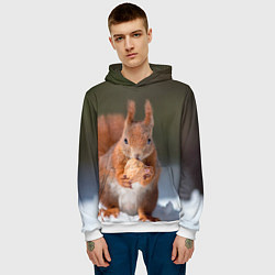 Толстовка-худи мужская Белка с орехом на снегу, цвет: 3D-белый — фото 2