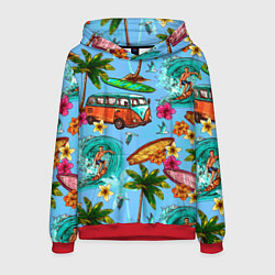 Толстовка-худи мужская Пальмы, волны, серфинг, цвет: 3D-красный