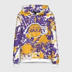 Толстовка-худи мужская LAKERS ФИРМЕННЫЕ ЦВЕТА БРЫЗГИ КРАСОК LA, цвет: 3D-белый