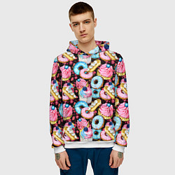 Толстовка-худи мужская Узор из сладостей на черном фоне, цвет: 3D-белый — фото 2