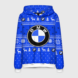 Толстовка-худи мужская НОВОГОДНИЙ СВИТЕР БМВ СИНИЙ, цвет: 3D-белый