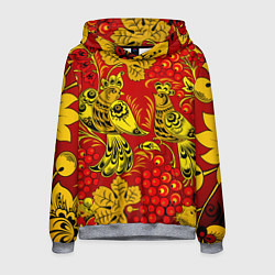 Толстовка-худи мужская Хохломская Роспись Две Птици На Красном Фоне, цвет: 3D-меланж