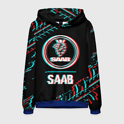 Толстовка-худи мужская Значок Saab в стиле Glitch на темном фоне, цвет: 3D-синий
