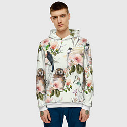 Толстовка-худи мужская Цветы Нарисованные Магнолии и Птицы, цвет: 3D-белый — фото 2