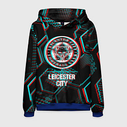 Толстовка-худи мужская Leicester City FC в стиле glitch на темном фоне, цвет: 3D-синий