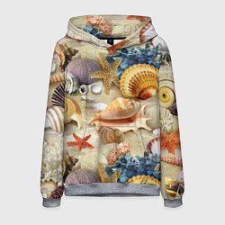 Толстовка-худи мужская Морские раковины, кораллы, морские звёзды на песке, цвет: 3D-меланж