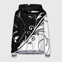 Толстовка-худи мужская Симметричные чёрно белые цветы Symmetrical black a, цвет: 3D-меланж