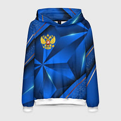 Толстовка-худи мужская Герб РФ на синем объемном фоне, цвет: 3D-белый