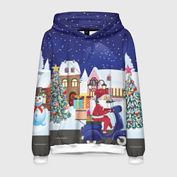 Толстовка-худи мужская Дед Мороз едет на скутере с подарками в Новогоднюю, цвет: 3D-белый